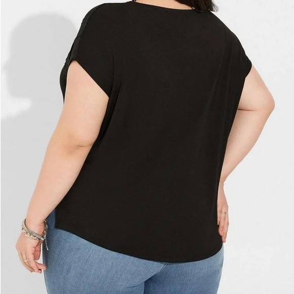 TORRID Super Soft Jersey Dolman Henley Lace Trip  Black Top - Picture 2 of 5